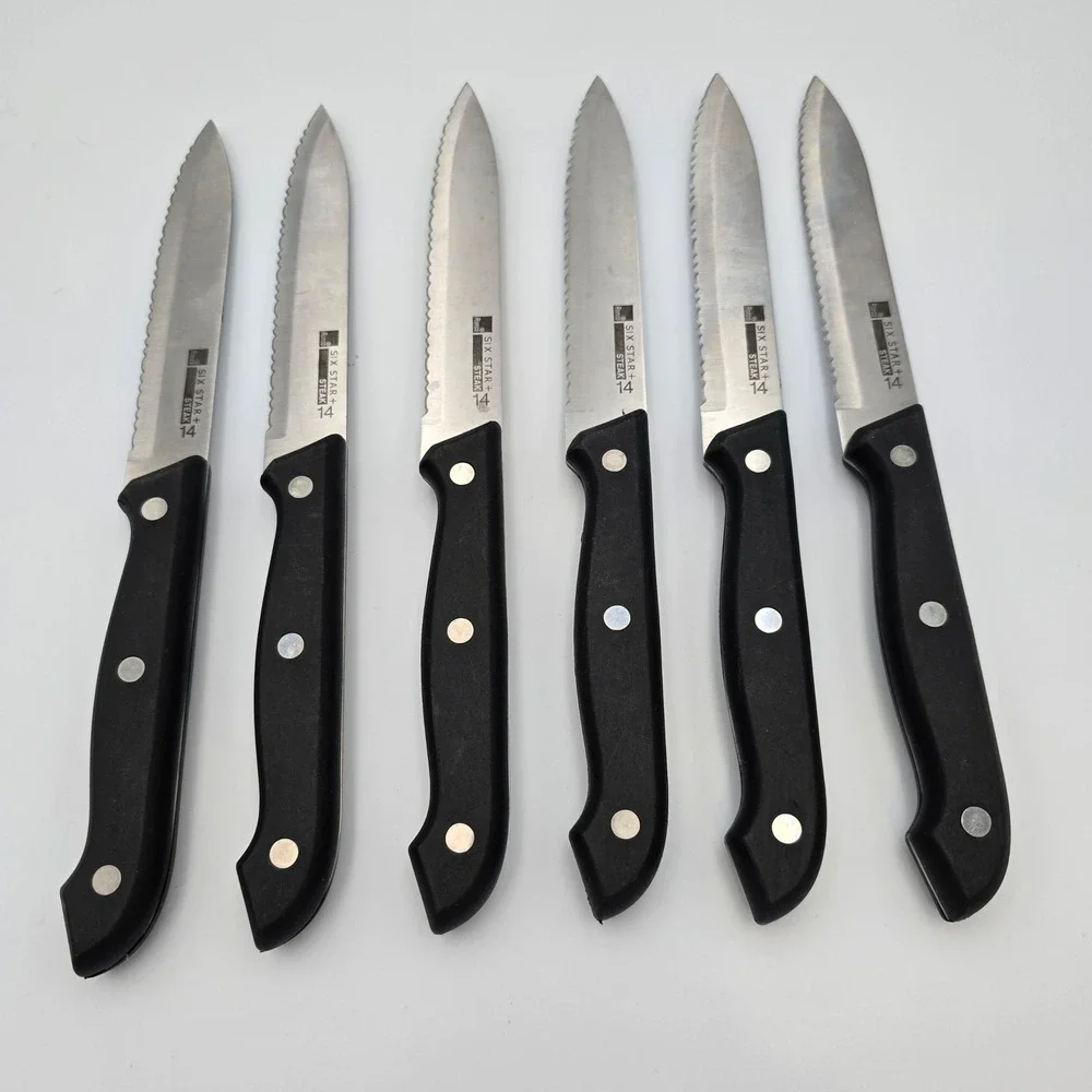 Ronco Six Star+ Steak Knife Set 6 Piece Stainless Steel Serrated Black Handle 14